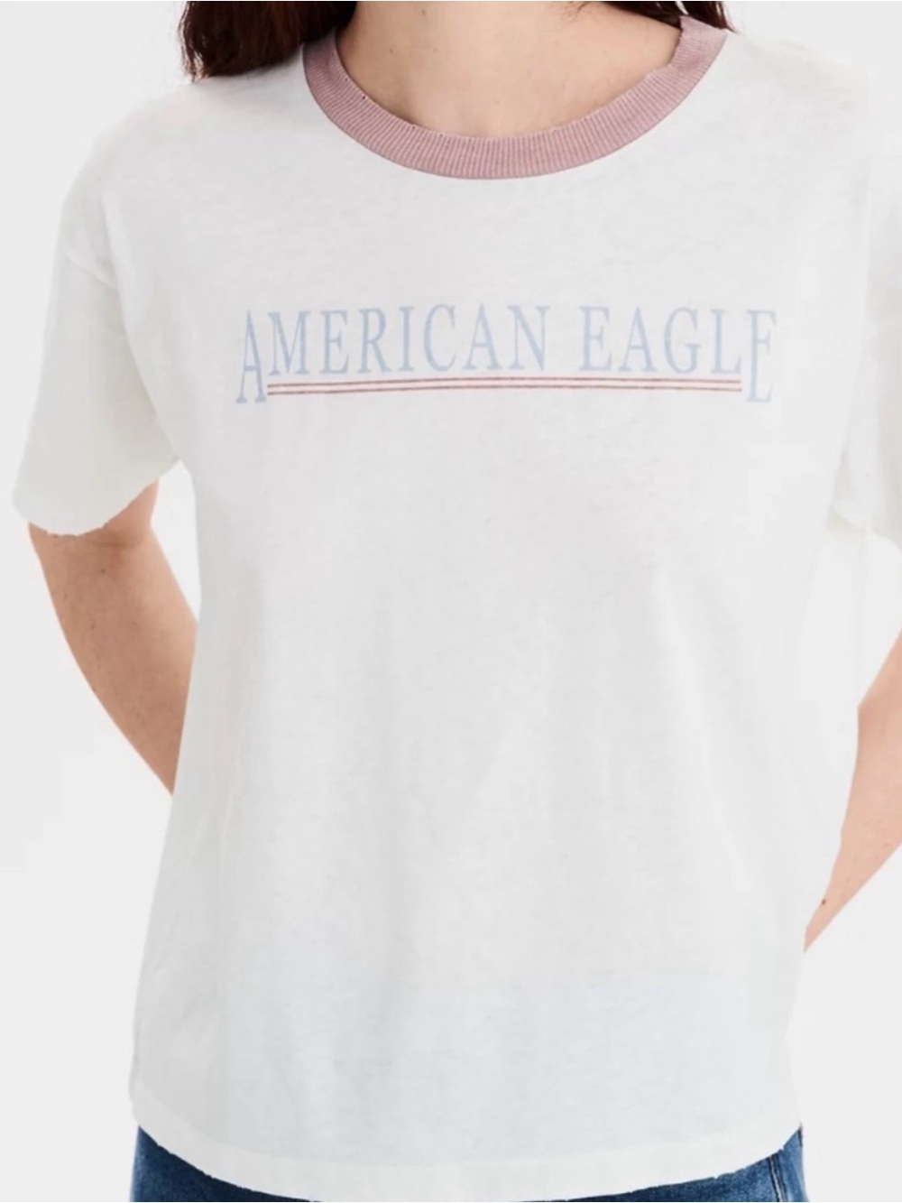 American Eagle Outfitters White Tee with Dusty Pink Ringer